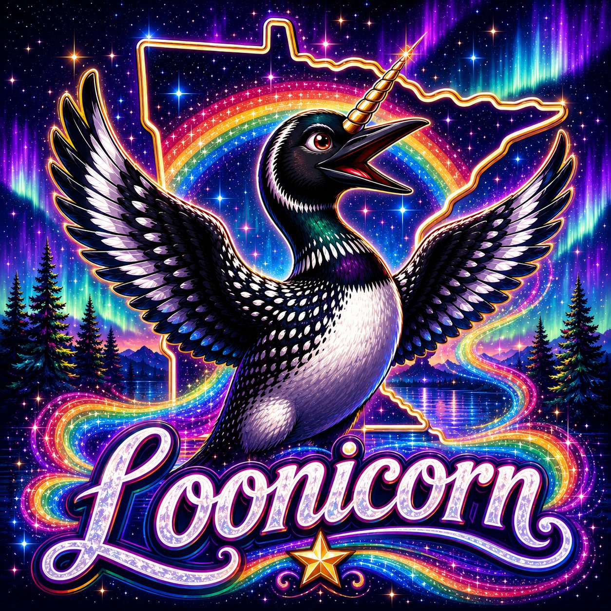 The Loonicorn — a Minnesota loon with a golden unicorn horn, wings spread before a rainbow and the northern lights, framed by an outline of Minnesota.